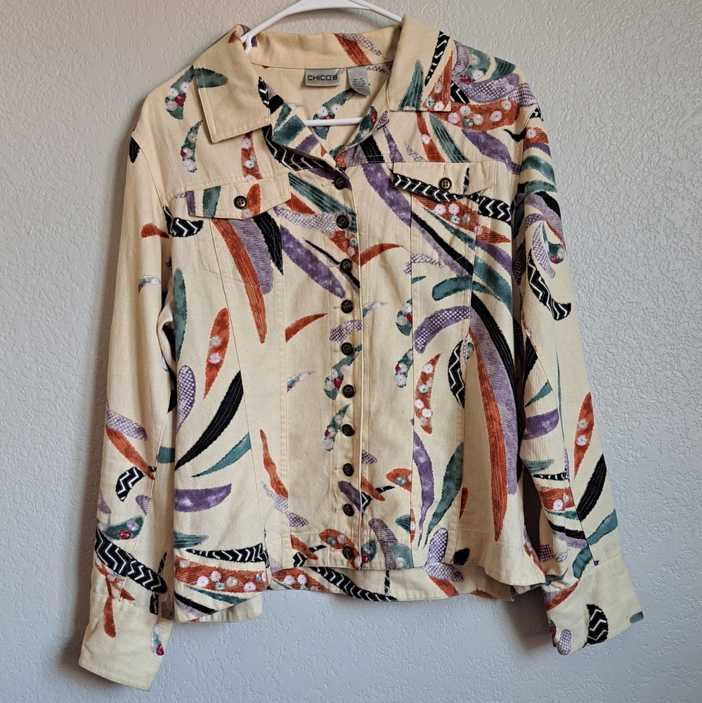Chico's Vintage Southwestern Boho Print Button Front Top Linen Blend Large